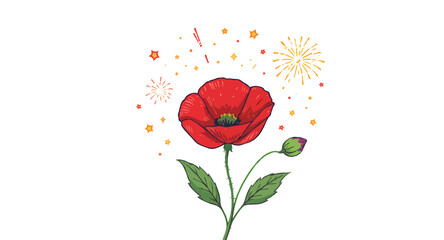 Vector art of red poppy flower with fireworks isolated on white background
