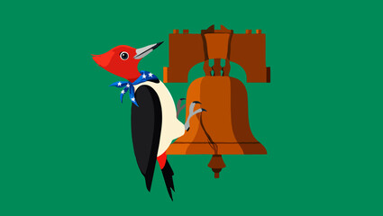 Vector art of cartoon woodpecker with liberty bell for fourth of july