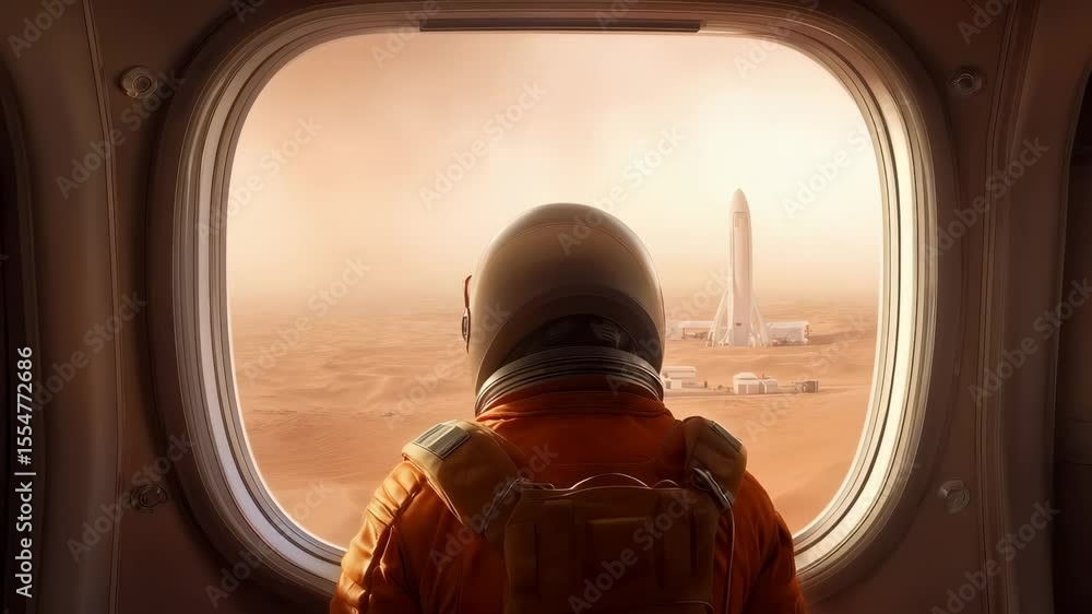 Poster astronaut in orange spacesuit observing martian landscape through spacecraft window. distant rocket 