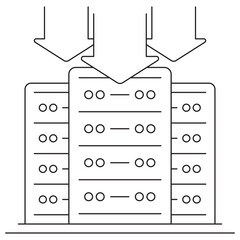 Data Storage Server icon. Vector pictogram with thin black lines on transparent background. Line thickness is editable. Three arrows pointing to a server rack symbolize data flow into storage