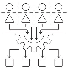 Feature Engineering icon. Vector pictogram with thin black lines on transparent background. Stroke width is editable. Shows AI feature selection, transformation, and processing workflow