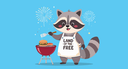 Vector art of cartoon raccoon grilling burgers for fourth of july celebration