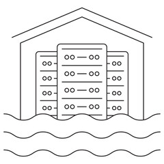 Data Lake or Data Warehouse icon. Vector pictogram with thin black lines on transparent background. Line thickness is editable. Server racks inside a storage structure with water wave lines