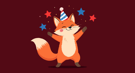 Vector art of cartoon fox wearing party hat with stars on maroon background