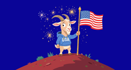 Vector art of cartoon goat stands on a hill holding an american flag proudly
