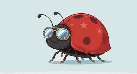 Vector art of cartoon ladybug wearing aviator glasses isolated on light blue background