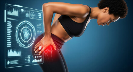 Side view of a person pressing their hip area with both hands, indicating joint pain. Red highlight on hip joint, cropped from mid-torso to knees. Futuristic digital diagnostic overlay