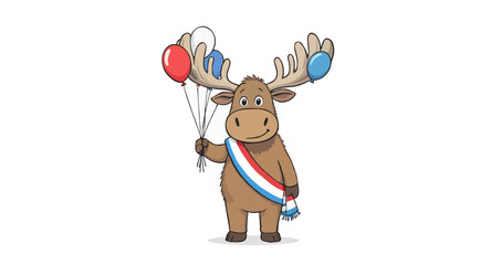 Vector art of cartoon moose holds balloons in patriotic red white and blue colors