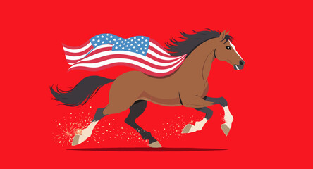 Vector art of horse with american flag cape running on red background