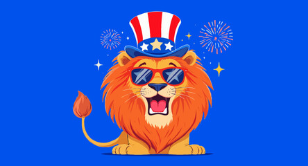 Vector art of lion wearing patriotic hat and sunglasses with fireworks