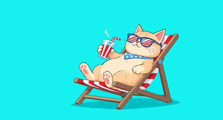 Vector art of cartoon cat relaxing on a beach chair with patriotic drink