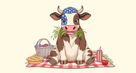 Vector art of cartoon cow having a patriotic picnic on a blanket