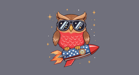 Vector art of cartoon owl wearing sunglasses riding a patriotic rocket