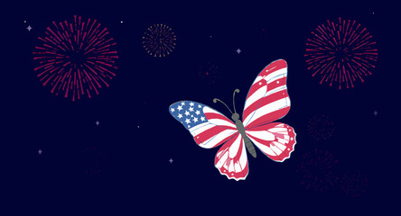 Vector art of butterfly with american flag wings flies among fireworks at night