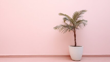 White potted palm plant against light pink wall, creating elegant minimalist background. Clean lines of plant and wall bring harmony in simplicity, ideal for product photography composition.