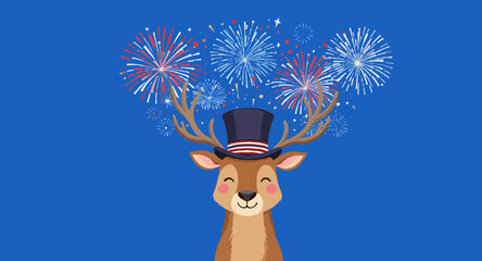 Vector art of deer wearing patriotic hat with fireworks on blue background
