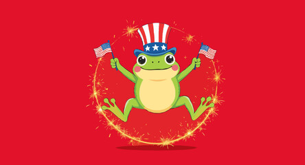 Vector art of cartoon frog celebrates fourth of july with flags and sparklers