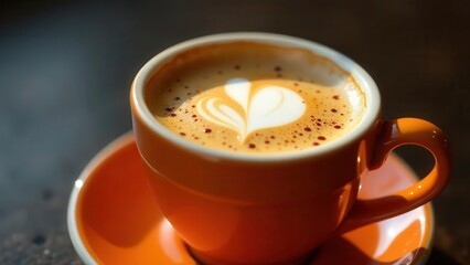 Fototapeta premium Aromatic Coffee in a Vibrant Orange Cup with Heart-Shaped Latte Art, Enjoying a Moment of Calm and Warmth