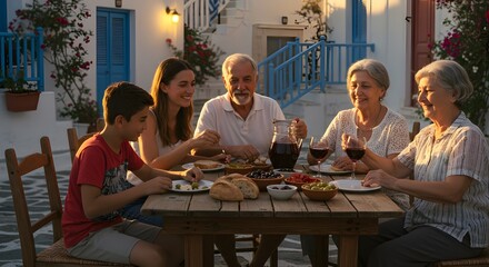Greek family enjoying outdoor dinner with olives, bread, and wine in a rustic village – Mediterranean lifestyle.
