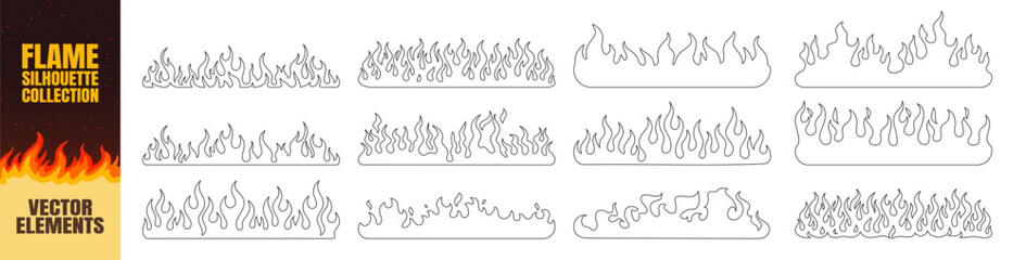 Seamless pattern silhouette flame or fire set, tribal tattoo ornament collection, fire flames vector icons and clipart, retro decoration design elements illustration on transparent background