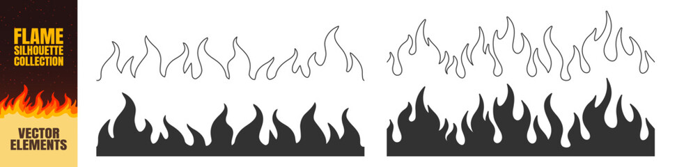 Seamless pattern silhouette flame or fire set, tribal tattoo ornament collection, fire flames vector icons and clipart, retro decoration design elements illustration on transparent background