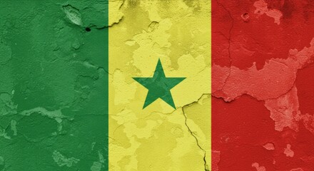Senegal Flag on Cracked Wall, National Day, Independence Day. Textured Wall with Senegal Flag, History and Resilience. Concept of Crisis, Recession, Conflict.