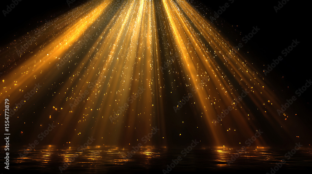 Poster golden light rays and glittering particles descending from above on a dark background with water ref