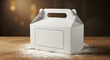 White bakery box mockup with handle, empty label area, placed on counter with scattered flour – rustic branding concept.