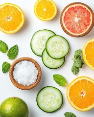 Top View Skincare Flatlay with Sliced Cucumber and Mint