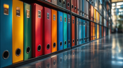 brightly colored folders standing upright in office setting, organized documents for efficient management
