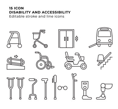 Mobility Tools and Disability Aids Icon Set &ndash; Walking Sticks, Crutches, Wheelchairs, Accessibility Symbols