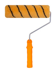 Paint roller with tiger-stripe texture and bright orange handle, used for wall painting and...