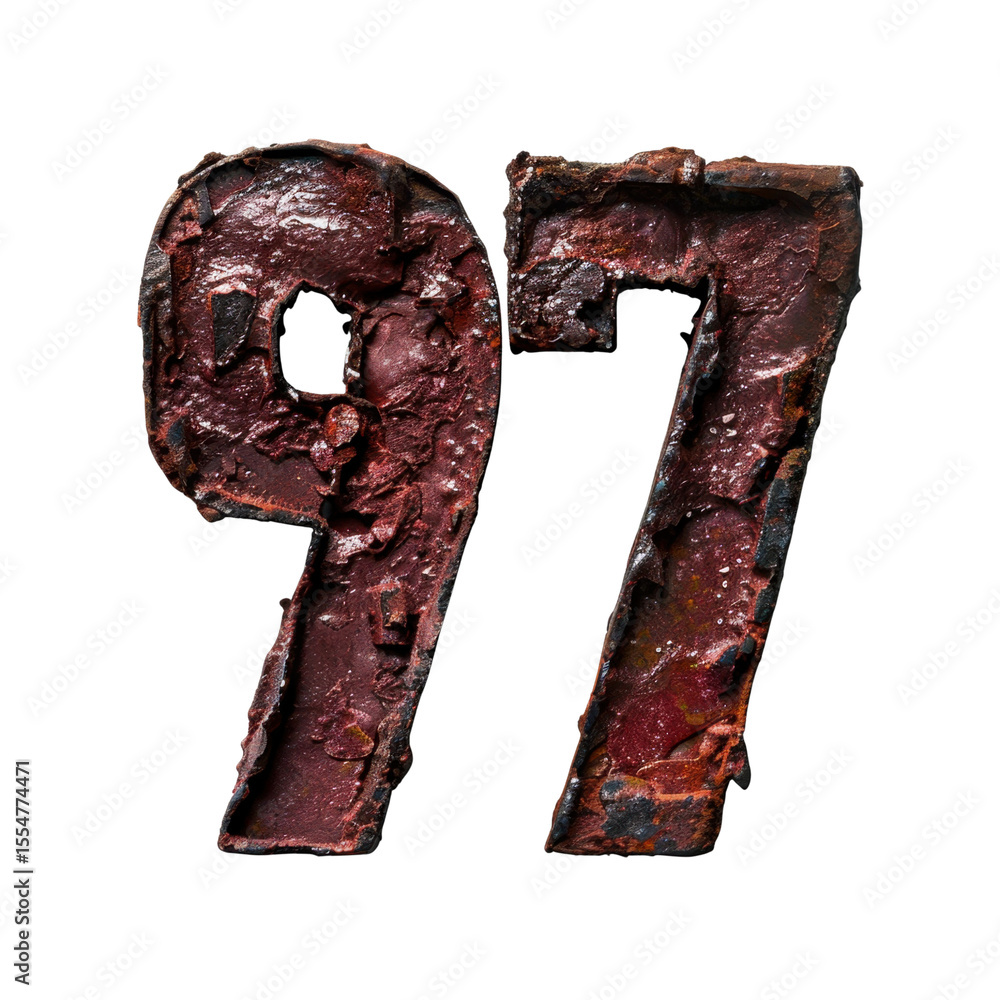 Poster rusty metal number 97 with textured surface, showcasing weathered and aged appearance. this unique p