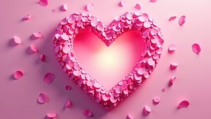 Obraz premium A Pink Heart Shaped Floral Arrangement with Scattered Petals on a Matching Background