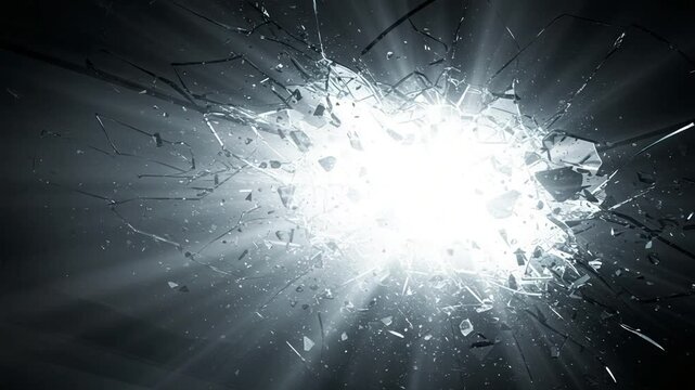 Bright explosion of light breaking through shattered glass shards