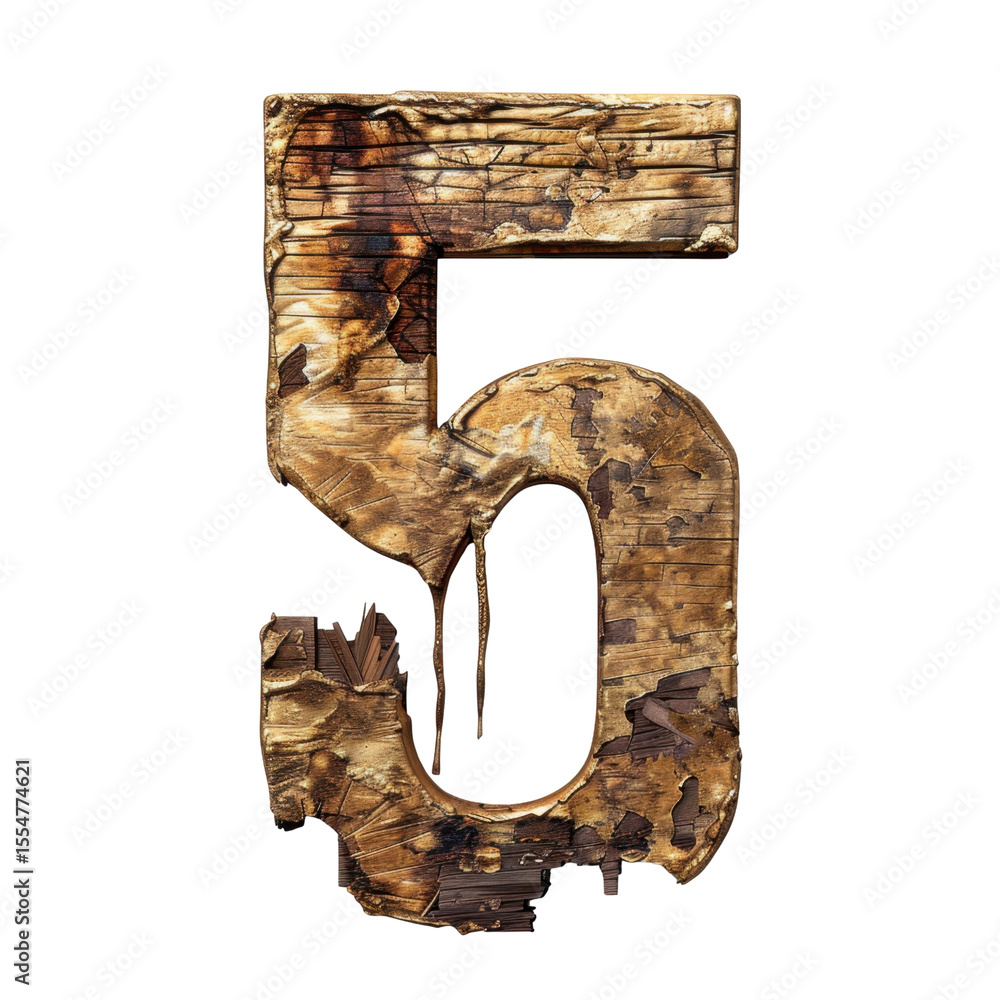 Poster weathered wooden number five with rustic appearance, showcasing texture and age. perfect for design 