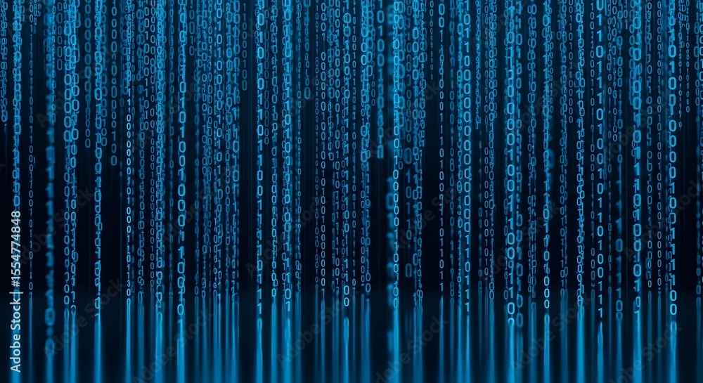 Poster abstract blue binary code lines create a digital striped backdrop with a bright, vertical gradient d