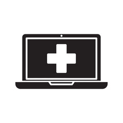 Obraz premium Telemedicine icon with a laptop computer screen showing a medical cross for online health consultation and digital patient record access vector solid glyph icon