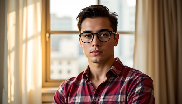 a young man with glasses sitting in front of a window. he is wearing a plaid shirt and has a contemplative expression on his face - Powered by Adobe