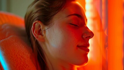 young woman enjoying red light therapy treatment for skin rejuvenation and relaxation in a calming wellness environment, infrared sauna - Powered by Adobe
