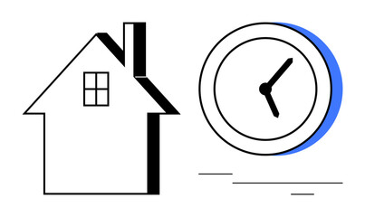Minimalist house icon paired with a clock symbolizing time management, work-life balance, scheduling, productivity, remote work, efficiency, and deadlines. Ideal for simple flat metaphor