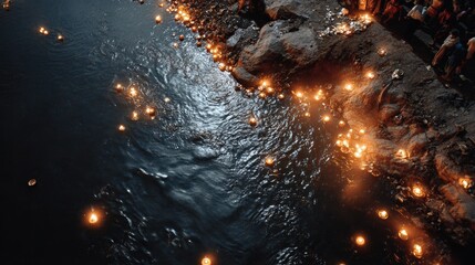 Night scene Numerous candles float on dark river water alongside riverbank