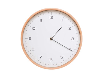 Minimal wall clock with light wood frame and white face displaying 01:20 or 13:20. Perfect for clean, modern concepts about time and scheduling.