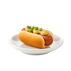 Classic hotdog with mustard and chives on a white plate, studio shot