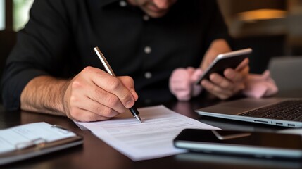 Man signing documents, using phone and laptop.  Focused on paperwork