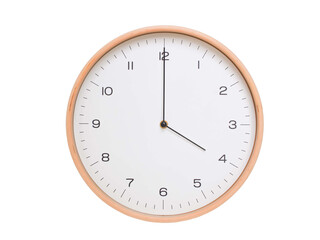Minimal wall clock with light wood frame and white face displaying 04:00 or 16:00. Perfect for clean, modern concepts about time and scheduling.