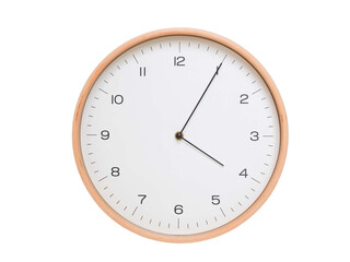 Minimal wall clock with light wood frame and white face displaying 04:05 or 16:05. Perfect for clean, modern concepts about time and scheduling.