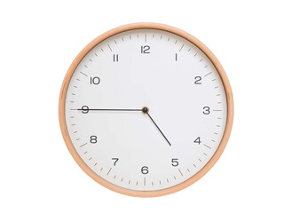 Minimal wall clock with light wood frame and white face displaying 04:45 or 16:45. Perfect for...