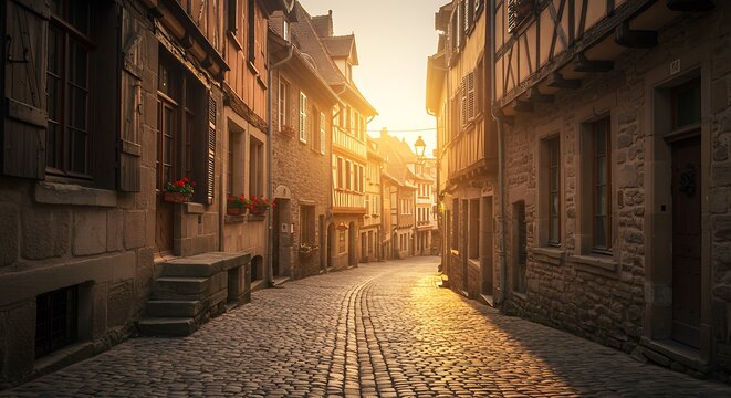 A cobblestone alley winds through the medieval architecture of an old European town at night