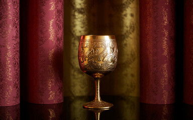 An ornate antique gold goblet with intricate floral engravings stands elegantly on a reflective surface framed by rich burgundy and gold textured drapery